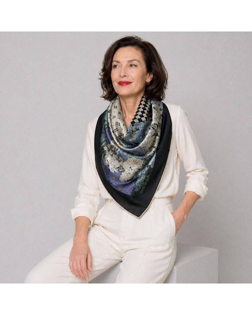 Wenzi Gray Patchwork Of Dreams Hand Painted Pattern Double Sided Silk Twill Scarf