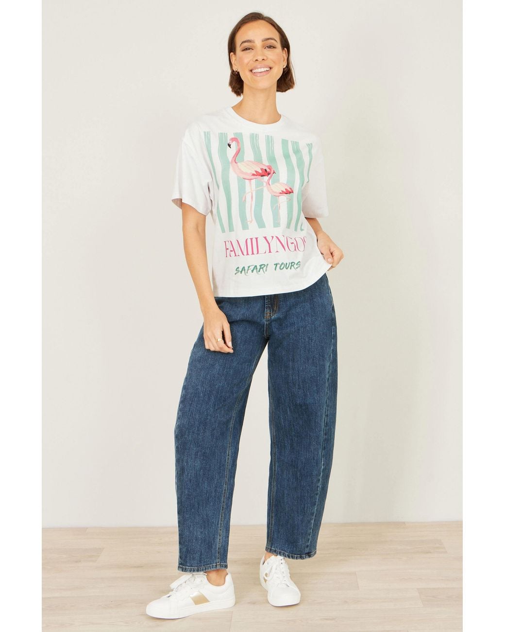 Yumi' White Retro Relaxed Flamingo Cotton T Shirt