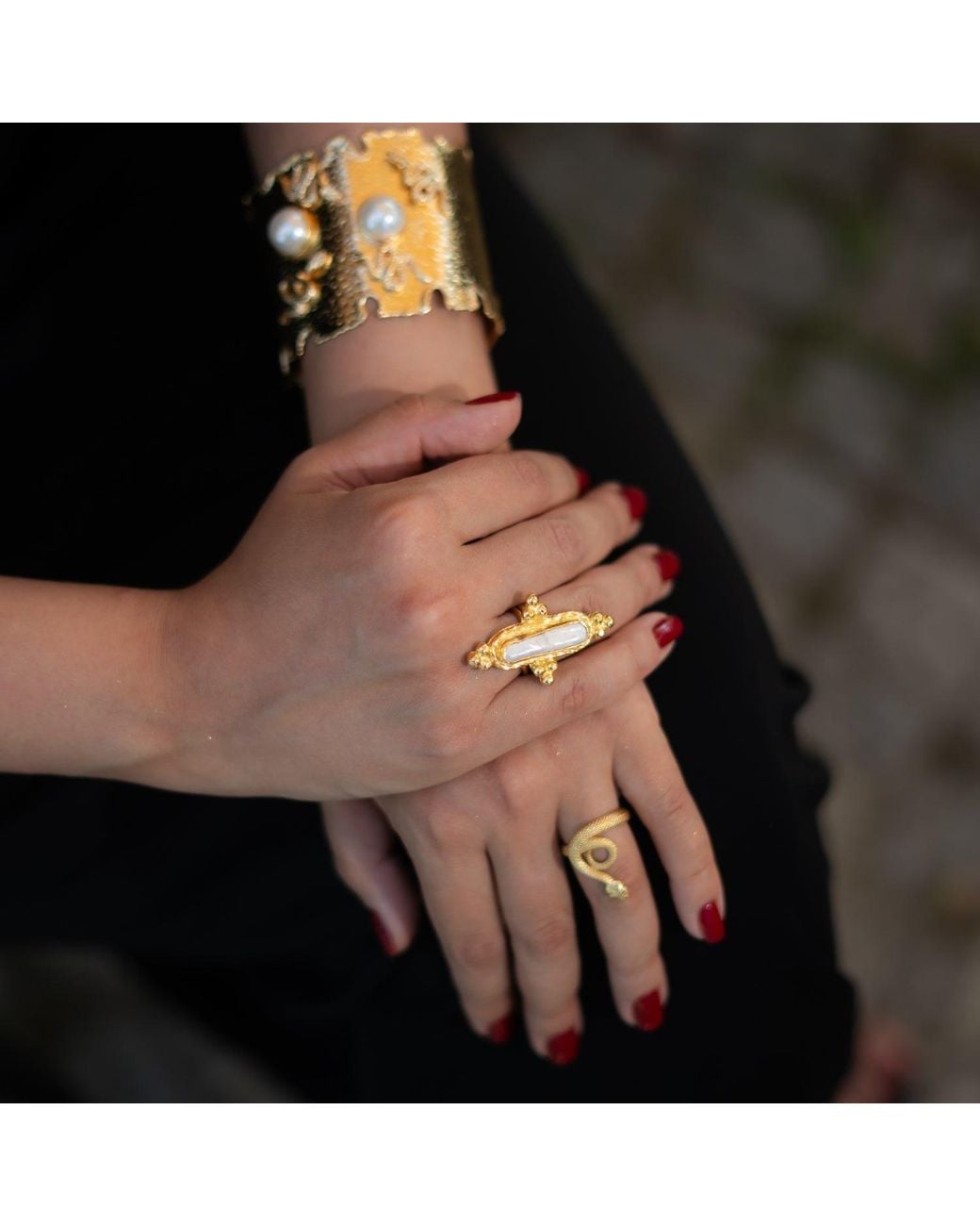Ebru Jewelry Metallic Vintage Pearl Statement Adjustable Ring