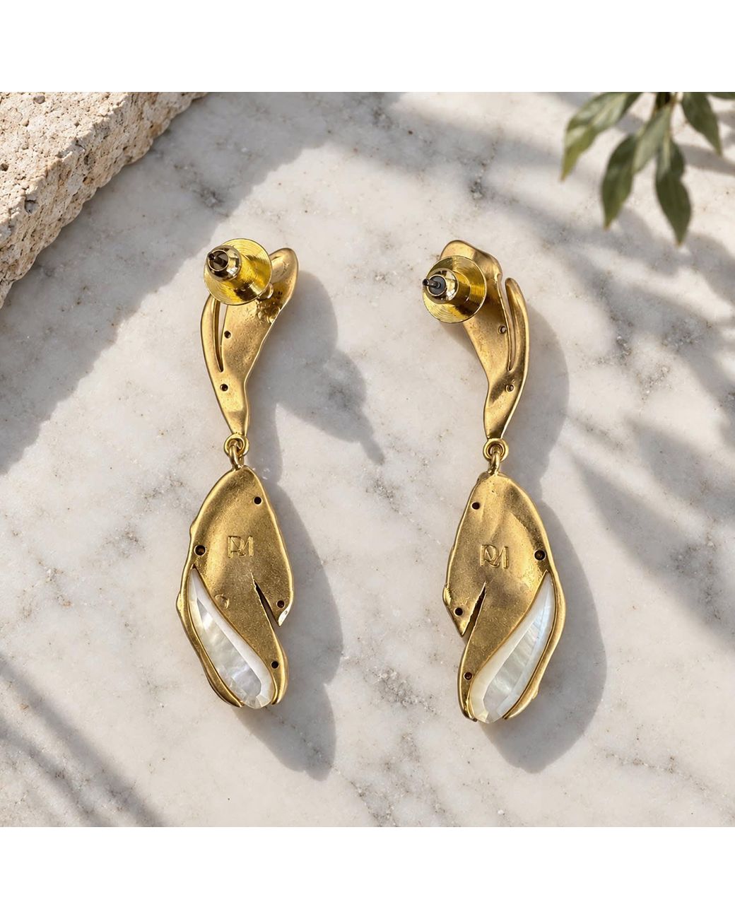 Rare Matters Jewelry Metallic Sculptural Mother Of Pearl Leaf Drop Earrings Cz Organic Earrings