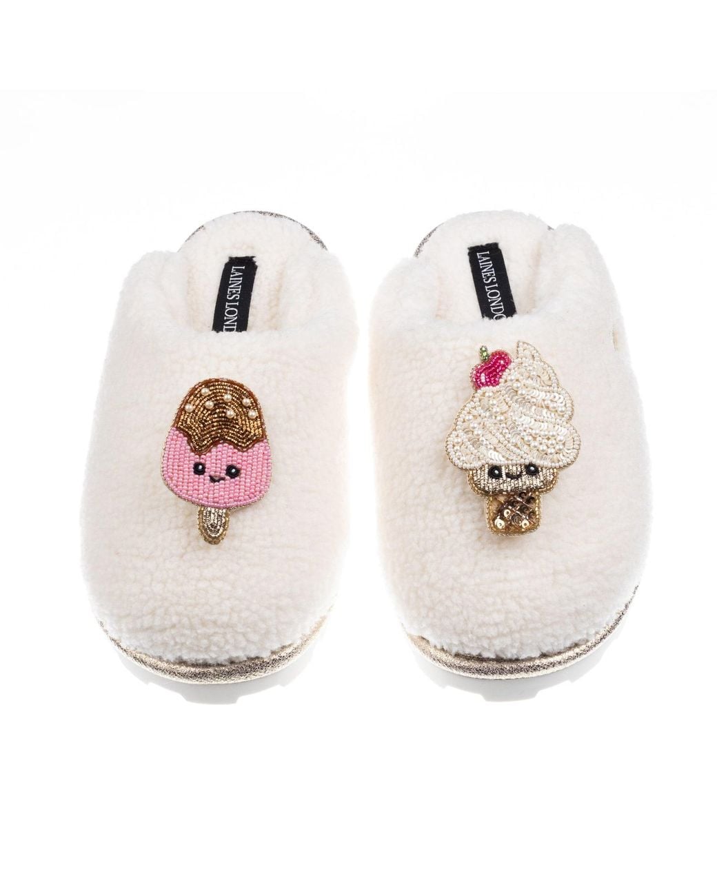 Laines London Pink Neutrals Teddy Closed Toe Slippers With Laines Lovables Ice Lolly & Ice Cream Brooches