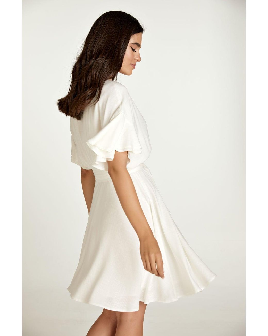 Conquista White Neutrals Ecru Dress With Ruffle Sleeves