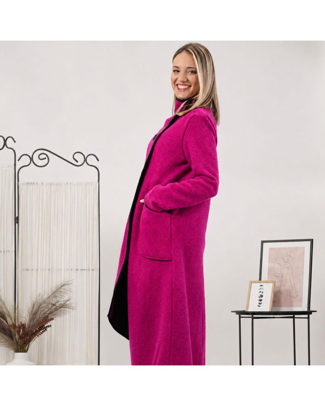 Nikka Place Pink Boiled Wool Buttoned Cardigan With Big Pockets