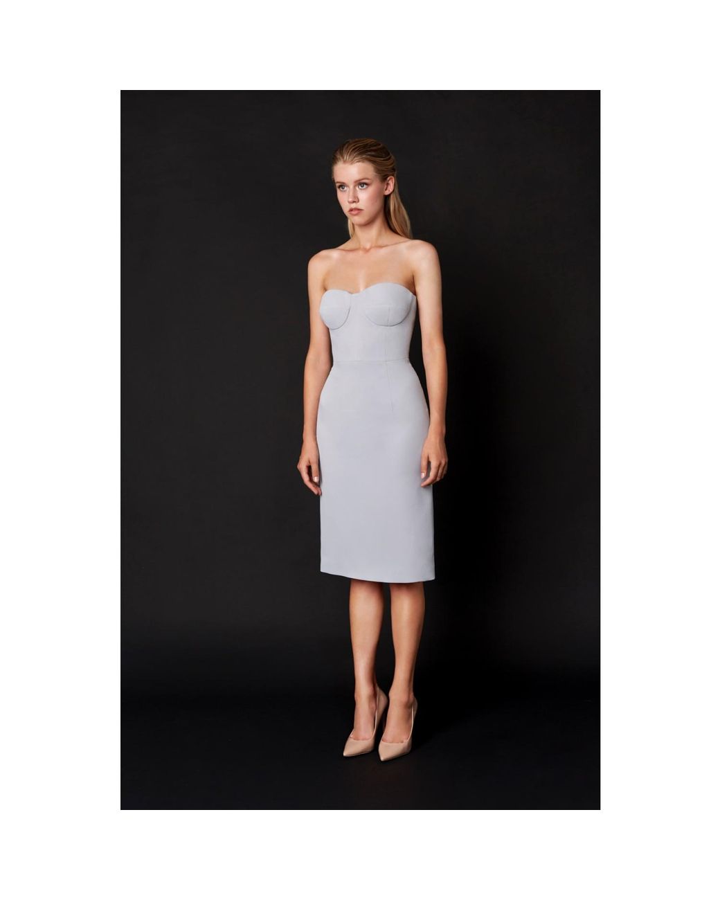 Nomi Fame White Oramor Bluish Strapless Crepe Corset Midi Dress