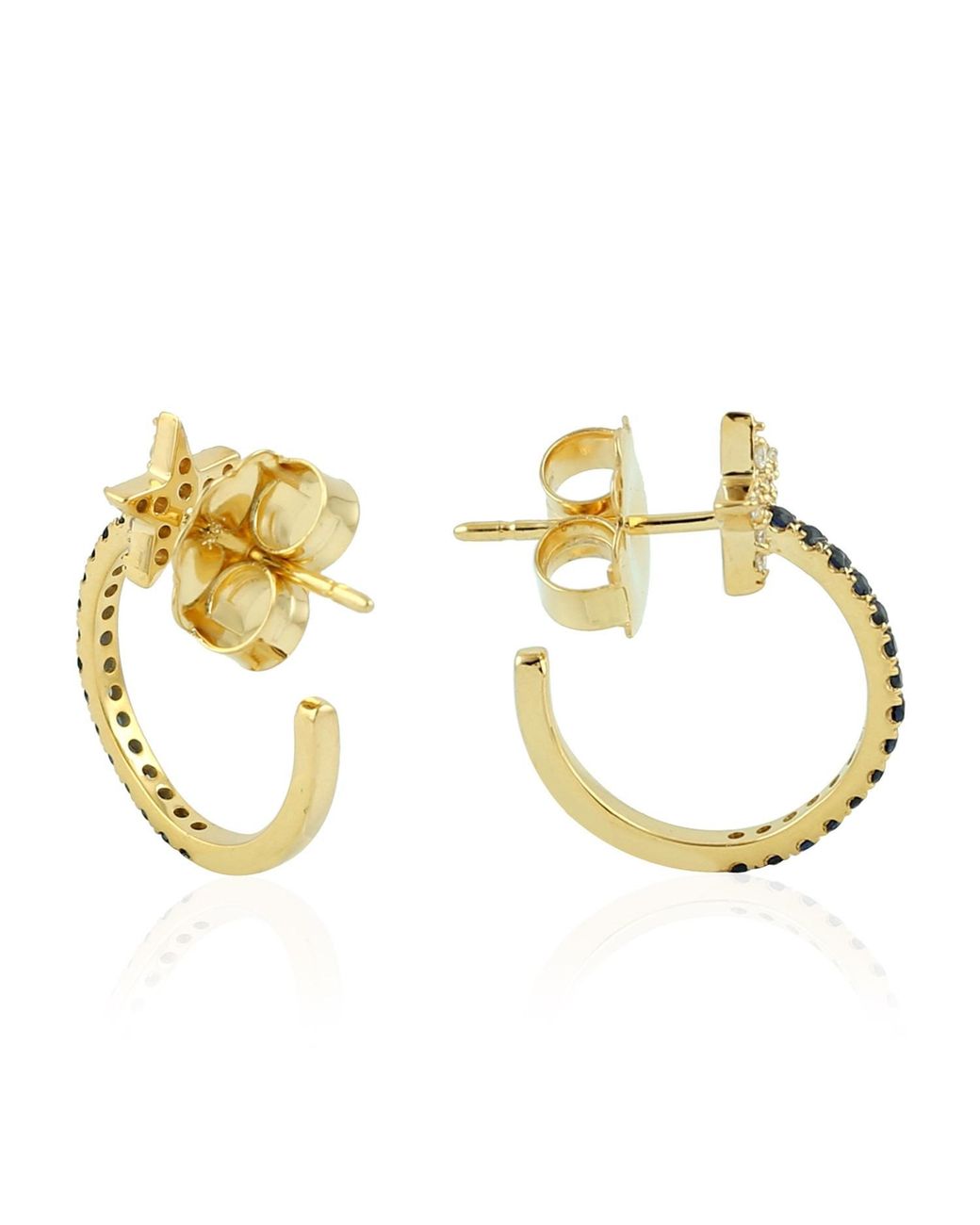 Artisan Metallic 18k Yellow Gold Diamond Star Design Hoop Earrings Blue Sapphire Jewelry