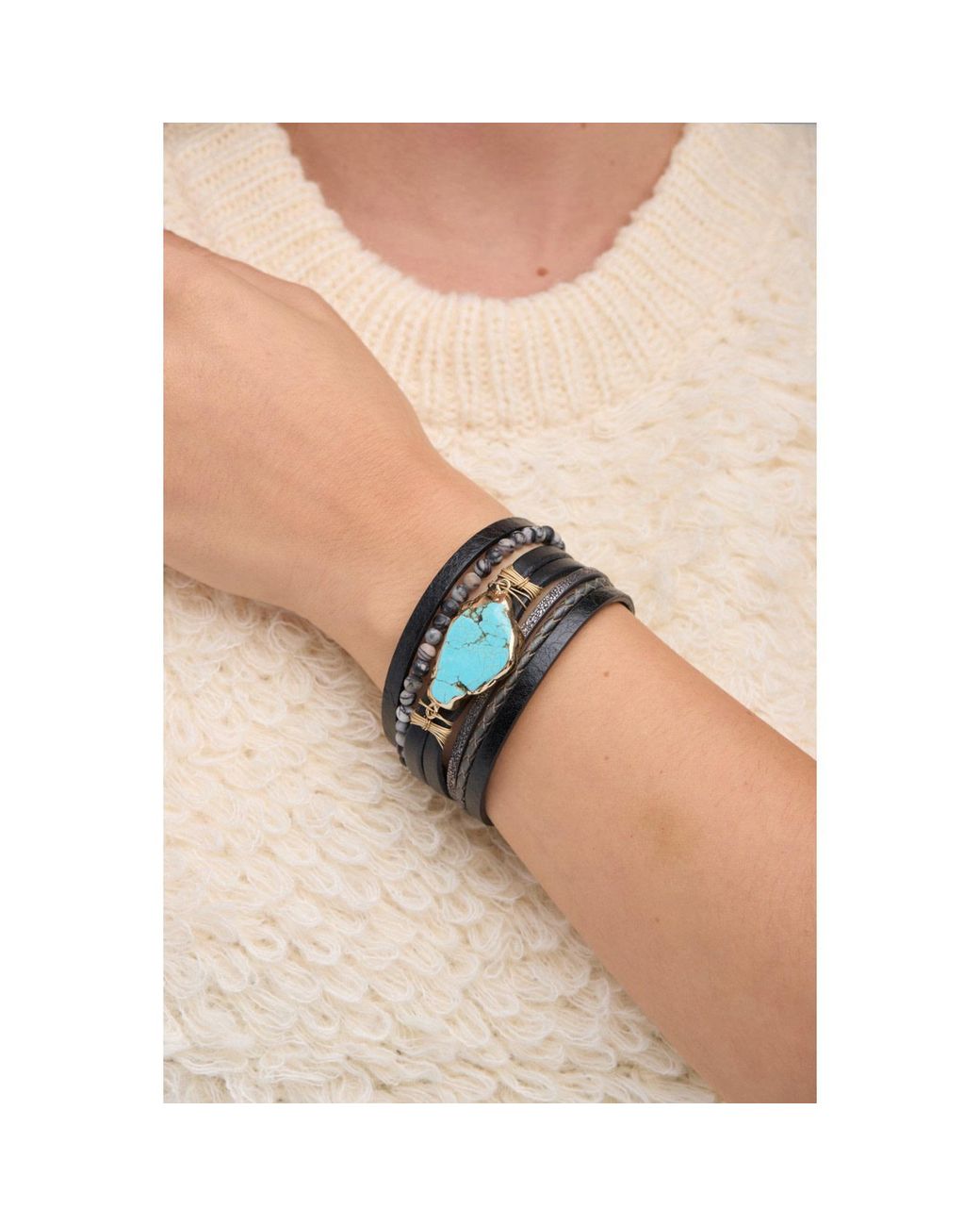 Saachi Black Aquamare Leather Bracelet