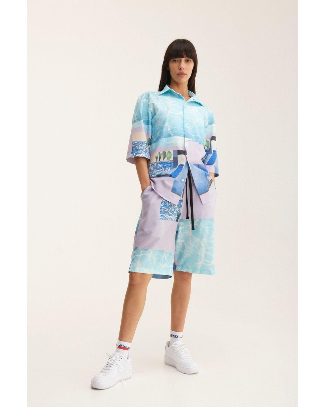 mysimplicated Blue Short Sleeve Shirt And Bermuda Set With Water Design