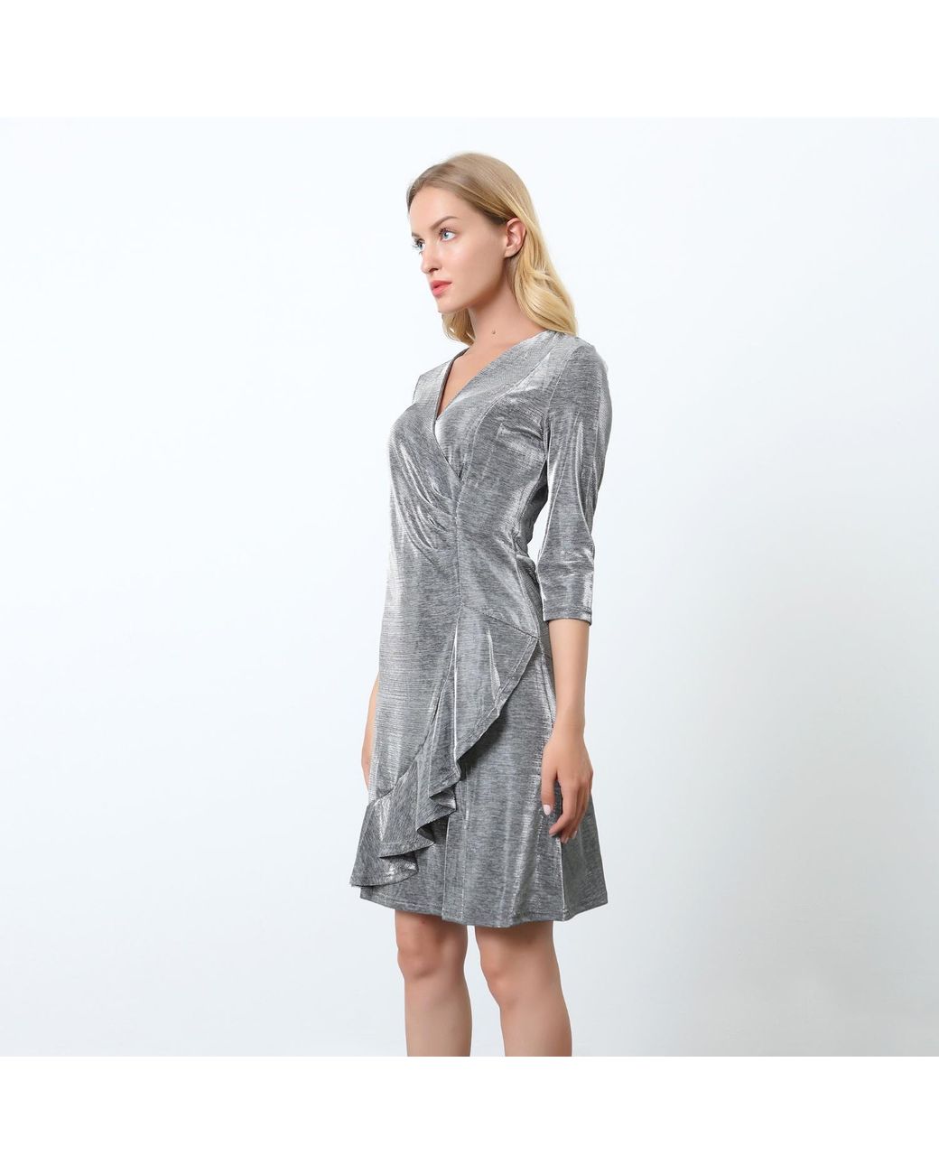 Smart and Joy Gray Cross-Heart Fit-And-Flare Tiered Ruffle Shiny Dress