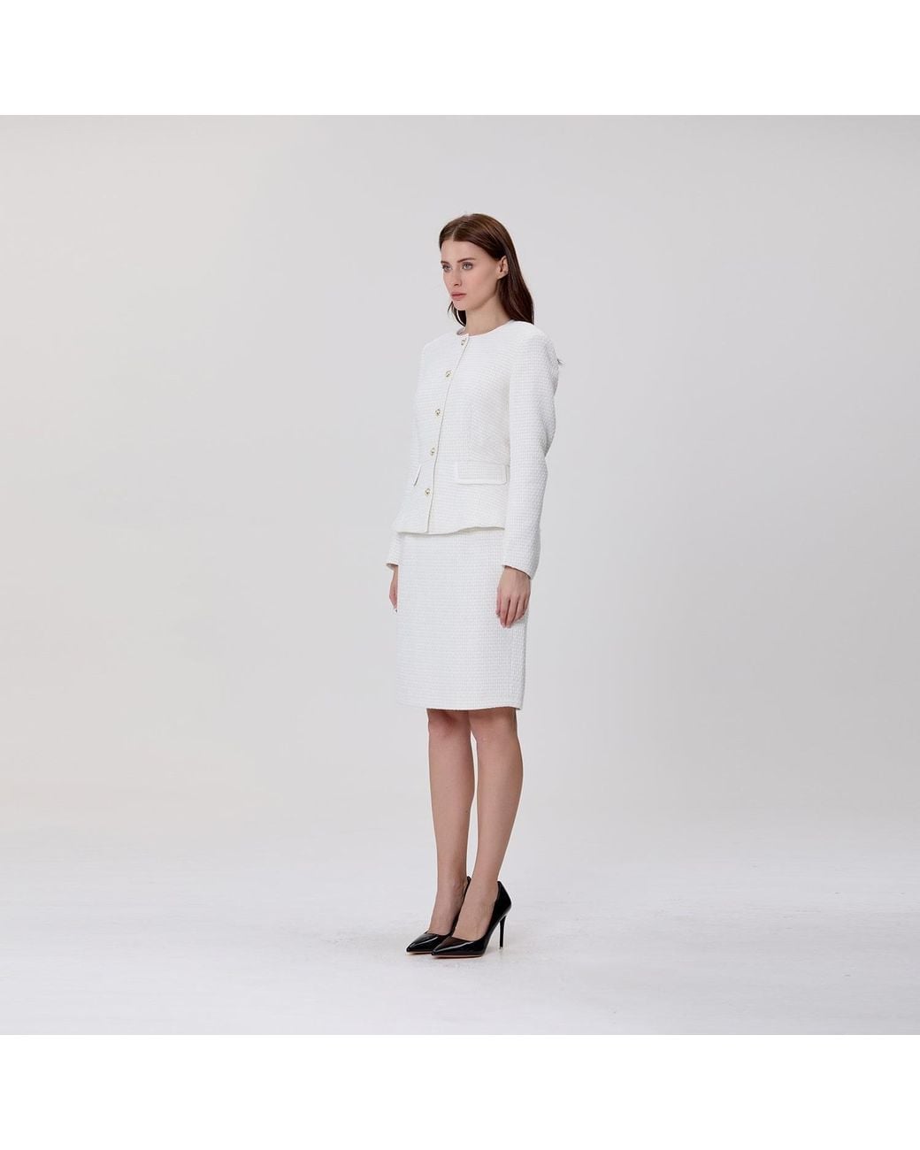 Smart and Joy White Textured Tailored Jacket With Jewelled Buttons