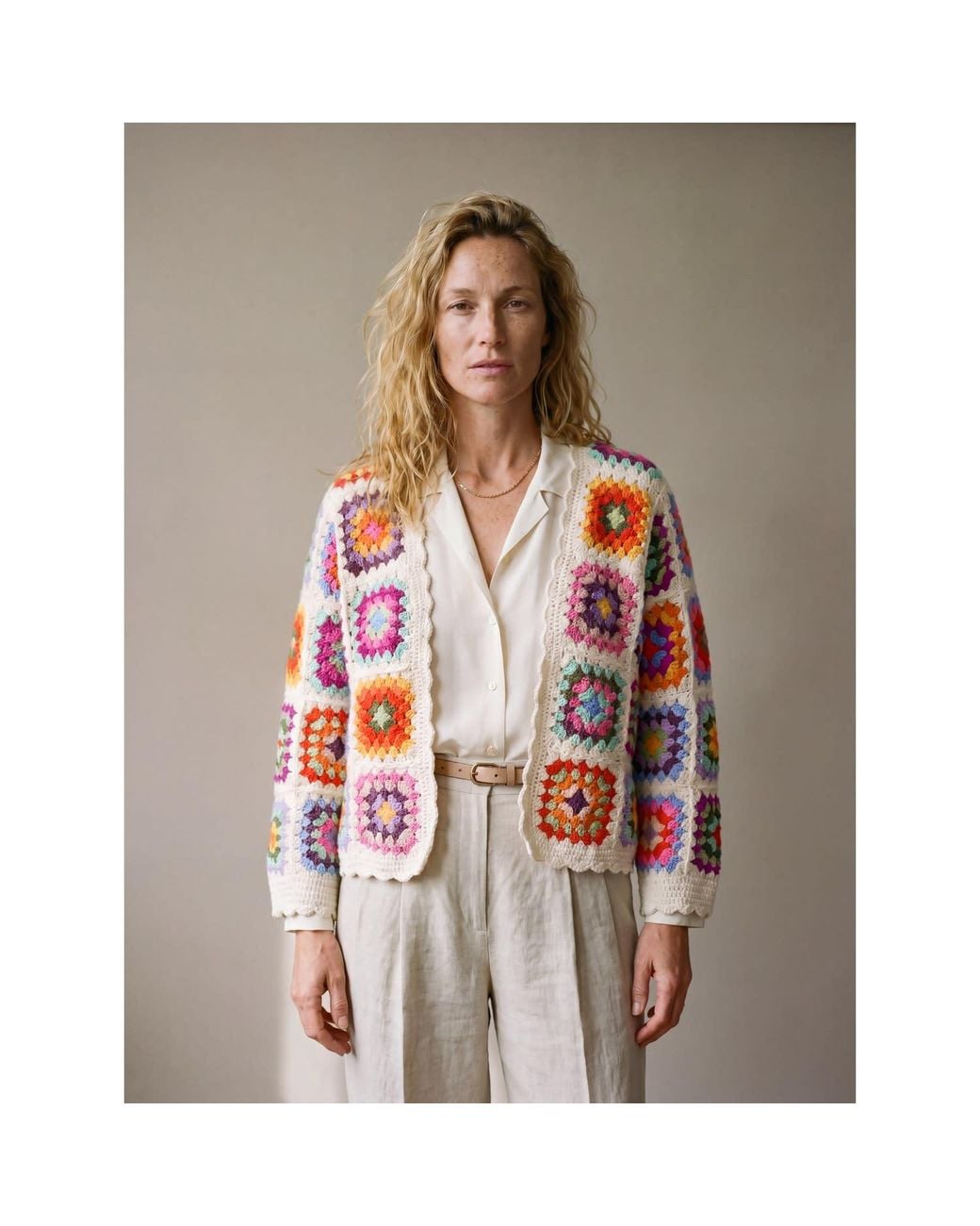 Ana Chic Red Cream Granny Square Handmade Crochet Oversized Cardigan
