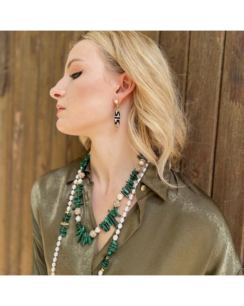 Farra Green Malachite With Freshwater Pearls And Rhinestones Statement Necklace