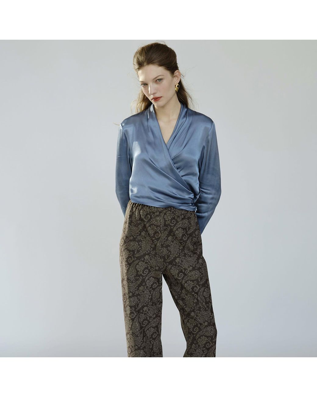 Belsize25 Blue Dusty Satin Draped Wrap Blouse