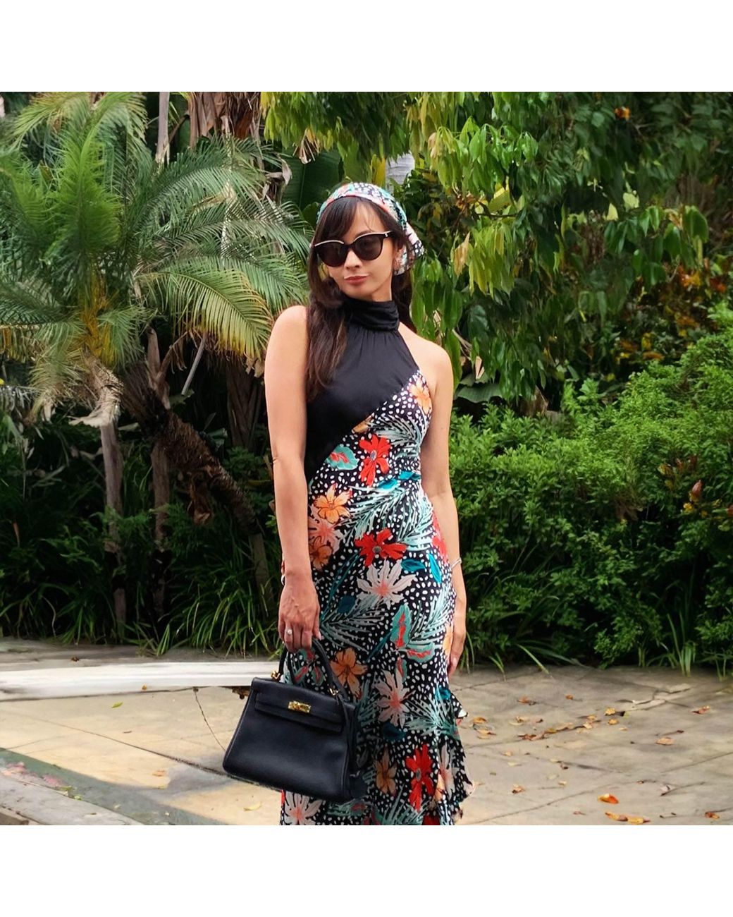 Solgo Atelier Blue Yera Sleevless Floral Printed Silk Midi Dress With Contrasting Gathered Mock Neck And Stylized Side Ruffle Slit