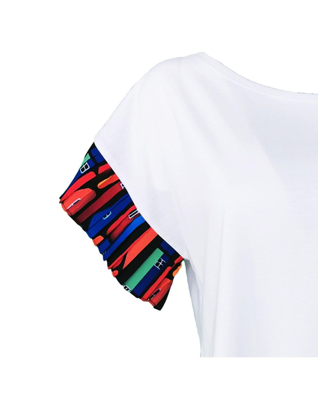 Lalipop Design White Viscose Blouse With Boat Neck & Pleated Sleeves