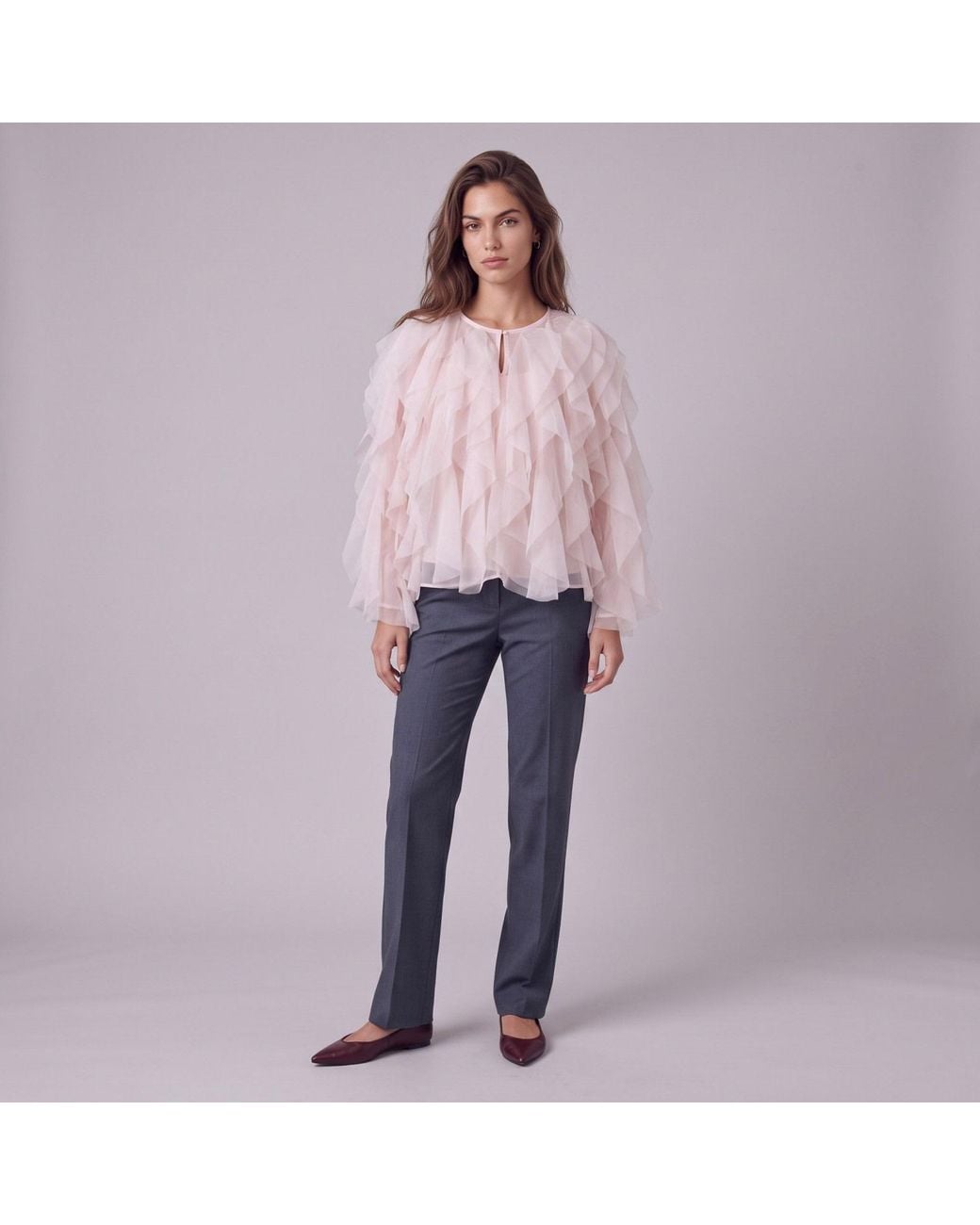 Modenaire Pink Sheer Tiered Ruffle Blouse