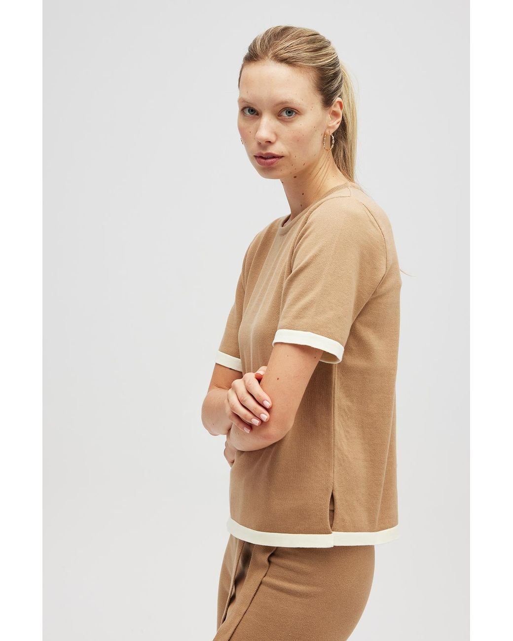 Peraluna Brown Rumi Knit Slit Cotton Blouse