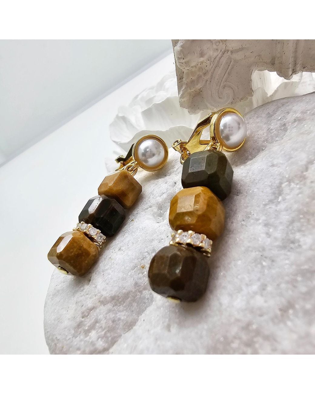 Farra Metallic Cube Tiger Eye Clip-On Earrings