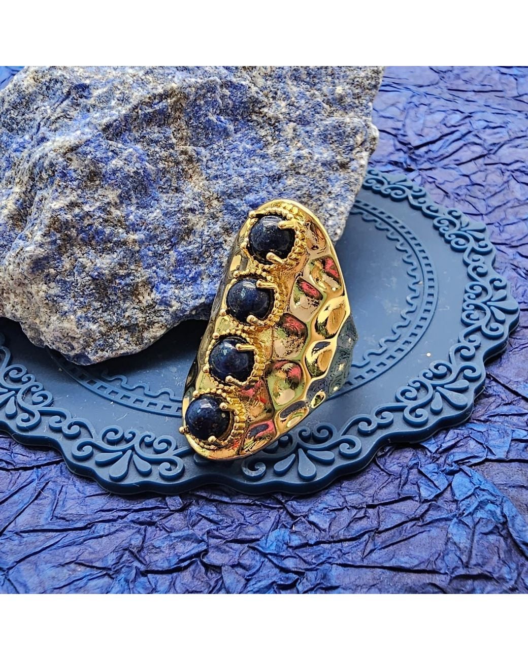 Farra Metallic Vintage Style Lapis Stone Chunky Ring Adjustable