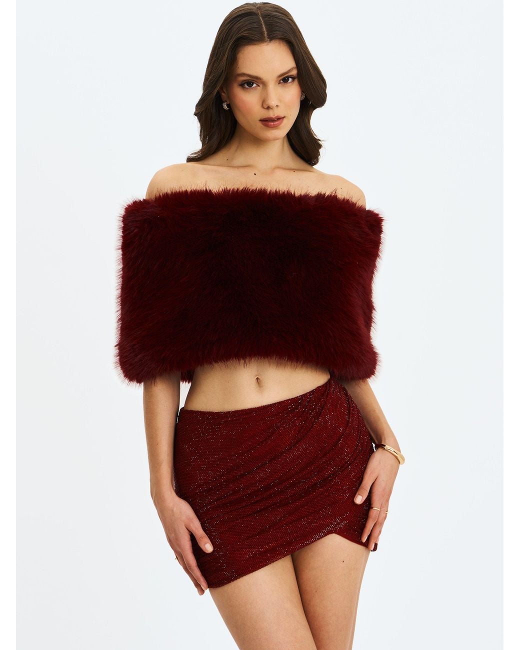 Miss Circle New York Red Darla Burgundy Faux Fur Off-Shoulder Cropped Top