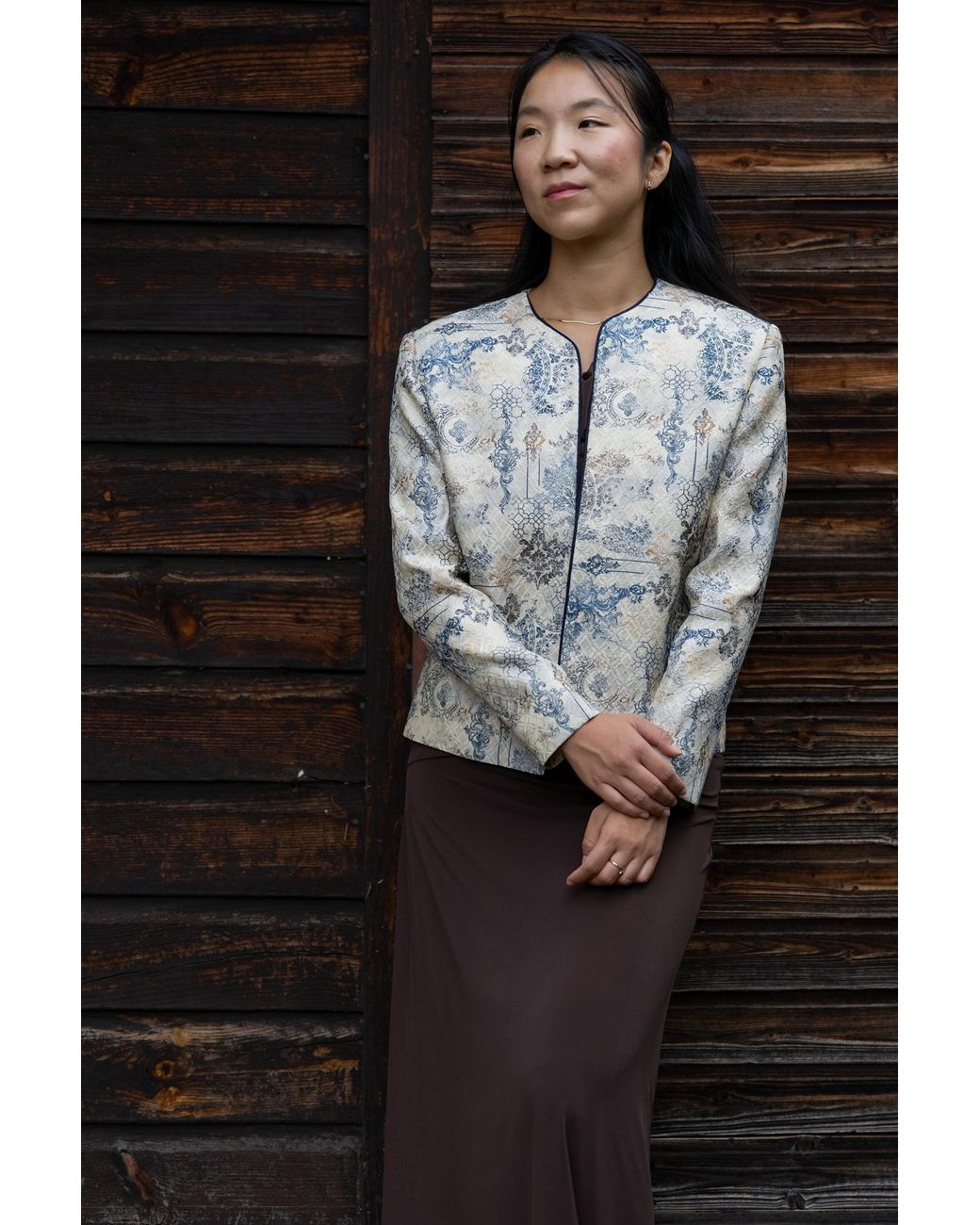 Stovaria Gray Ivory Printed Silk-Cotton Jacquard Statement Jacket