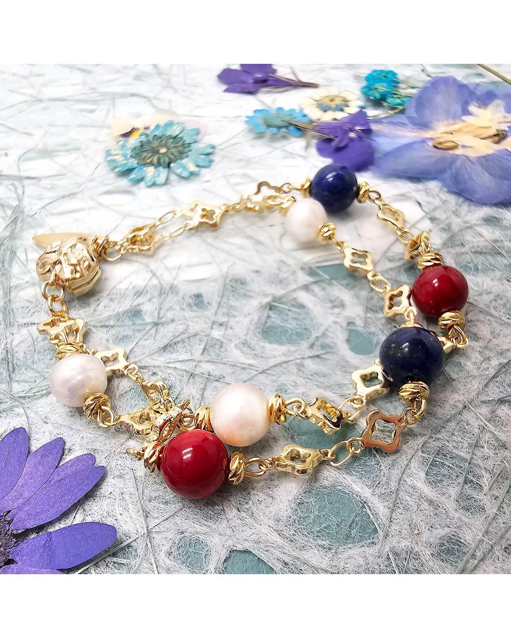 Farra Blue Lapis Bamboo Coral And Pearl Double Layer Chain Bracelet