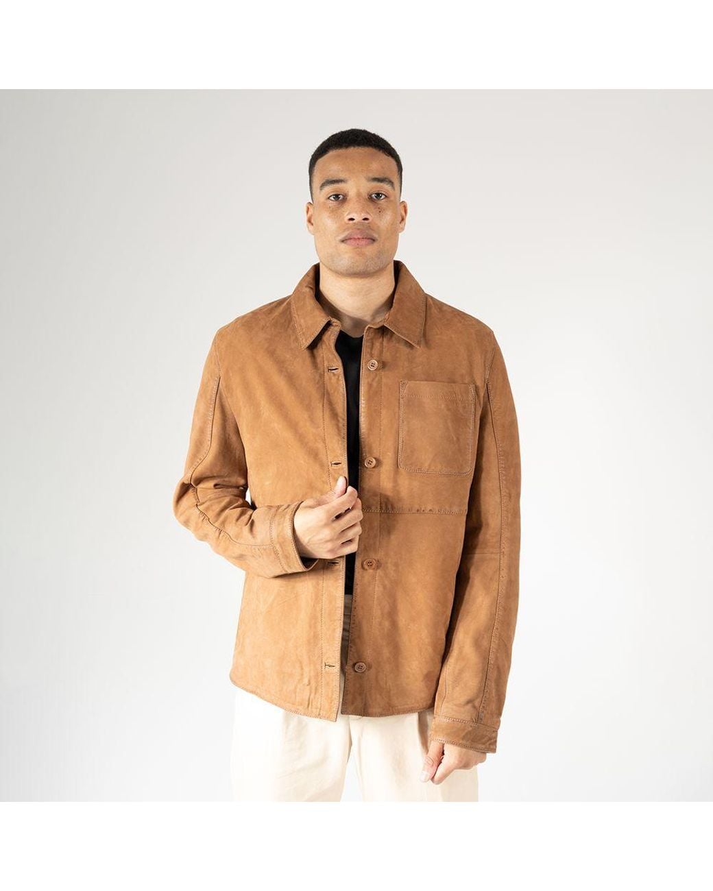 Mauritius Brown Nubuck Leather Button-Down Shacket Jemmo Cognac for men
