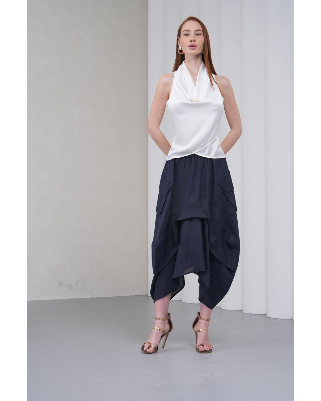 Lumina Eligma White Cascade Silk Cowl Top