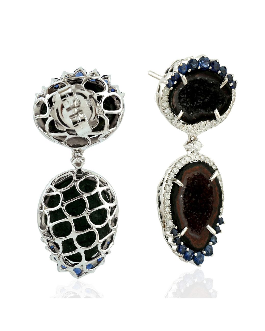 Artisan Black Gemstone Dangle Earrings Prong Set Geode Diamond 18k White Gold