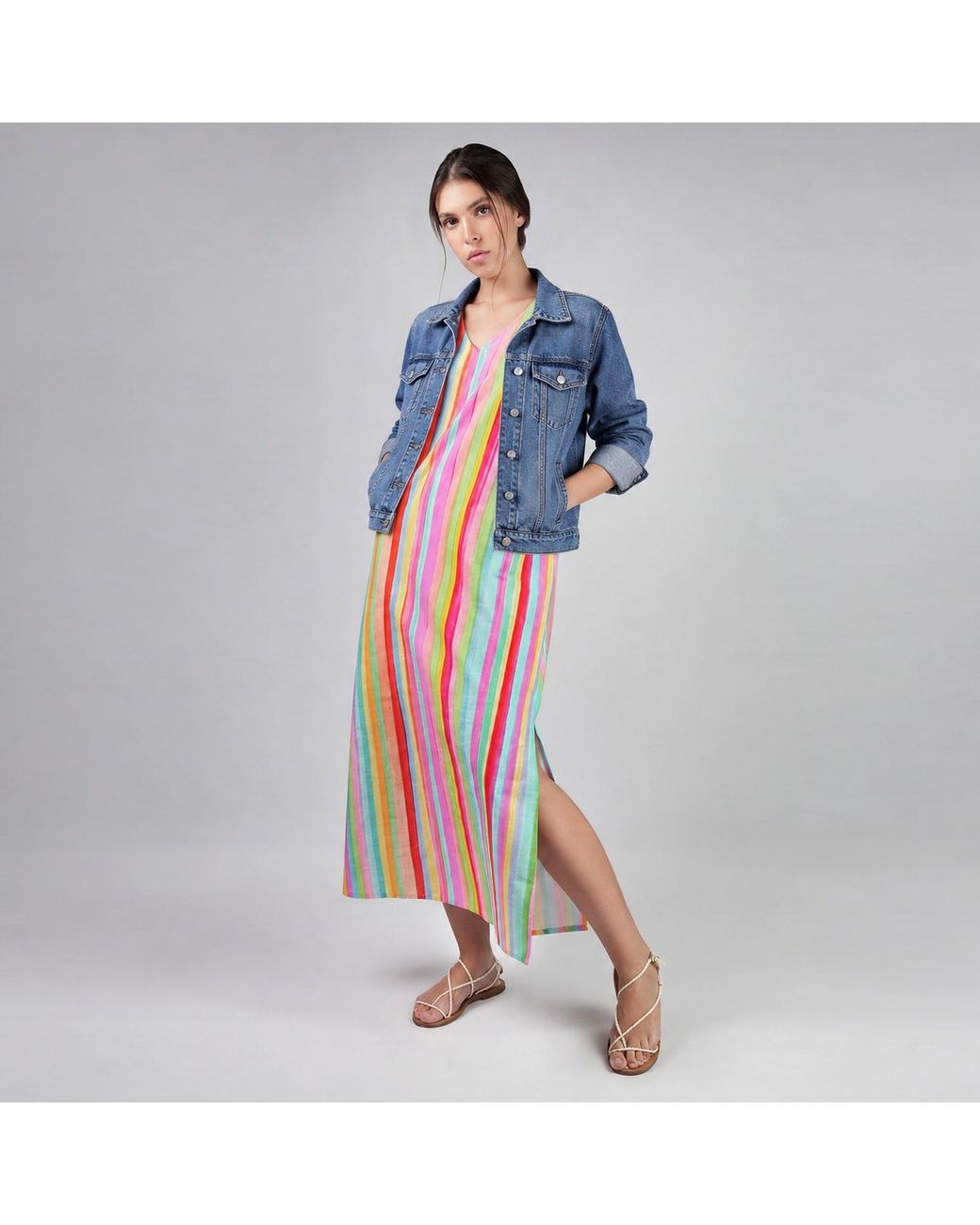 DHARA SHETH DUBAI Blue The Palette Colorful Strips Cotton Kaftan Maxi Dress With Side Slit