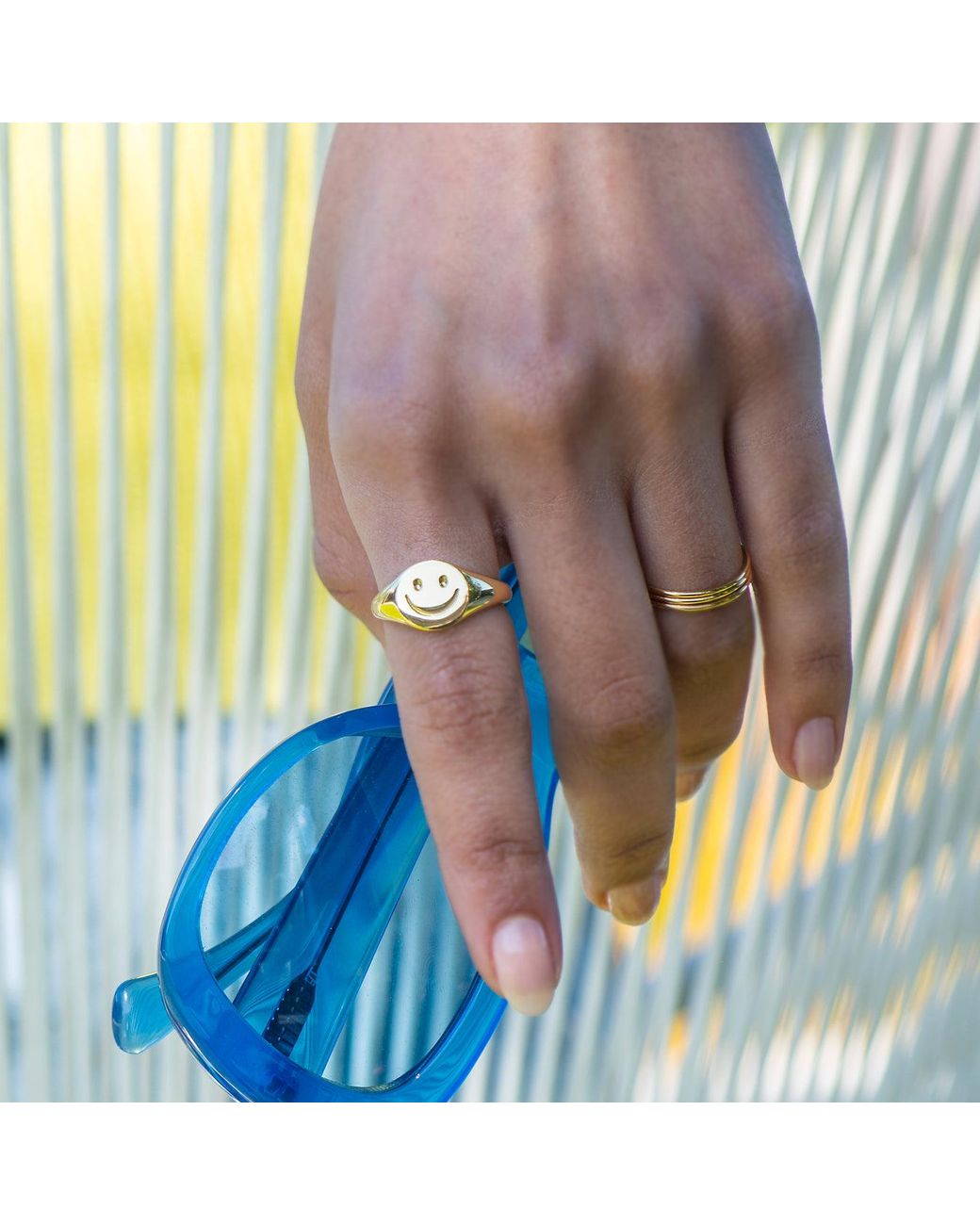 Kris Nations Yellow Happy Smiley Face Signet Ring Vermeil