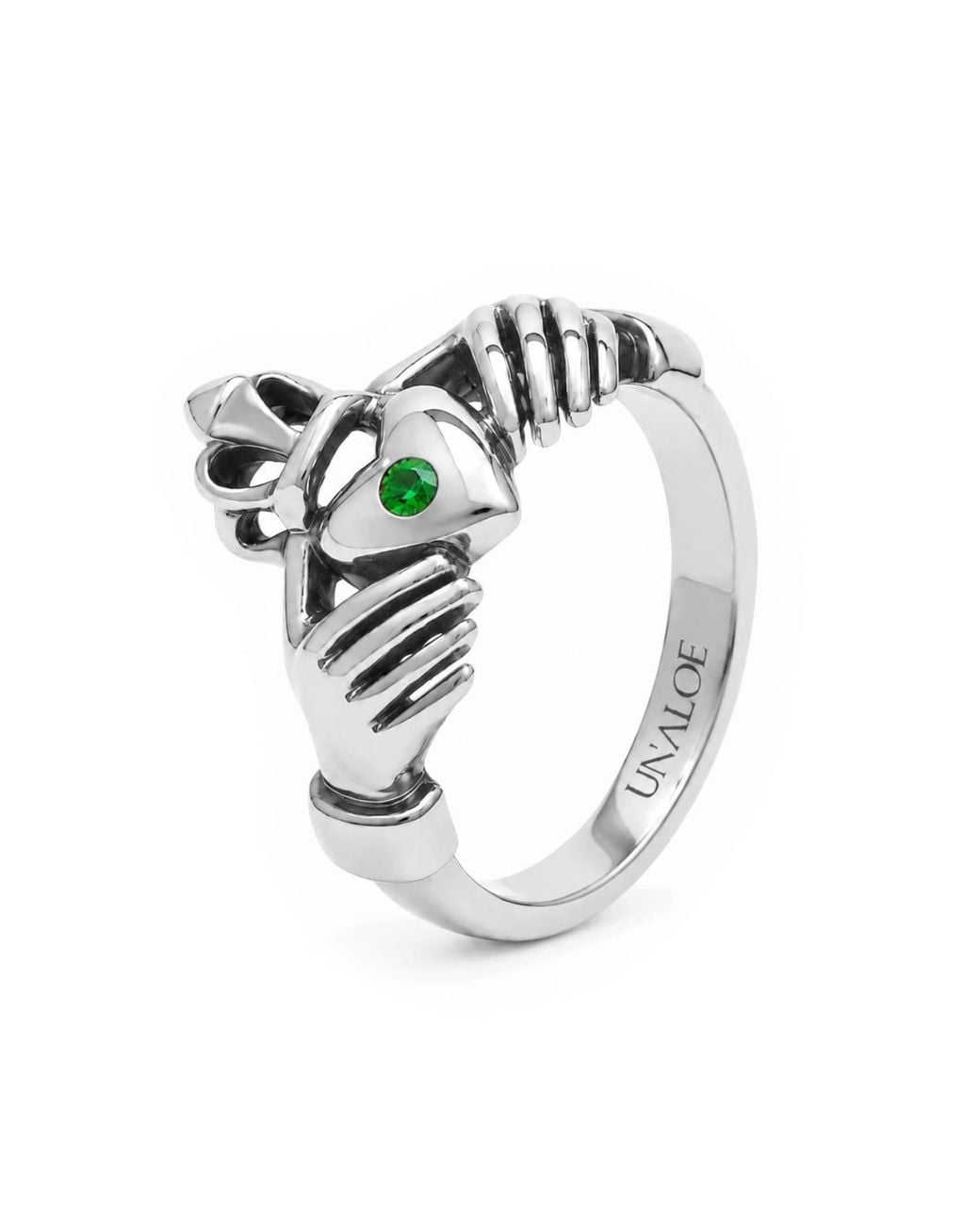 Unaloe Metallic Emerald Heart With Hands Ring – Sterling