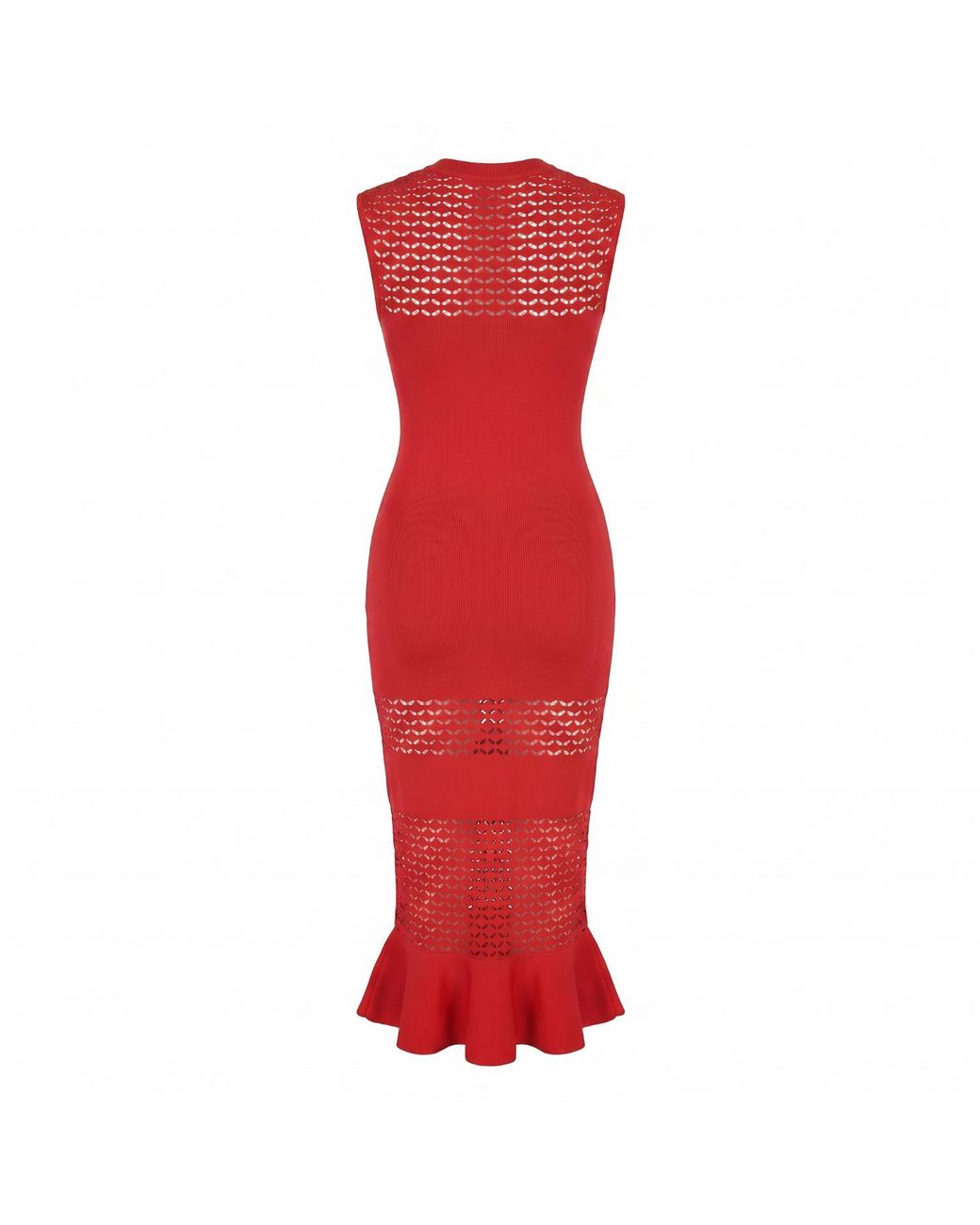 Modenaire Red Sleeveless Knit Midi Dress With Mesh Detail