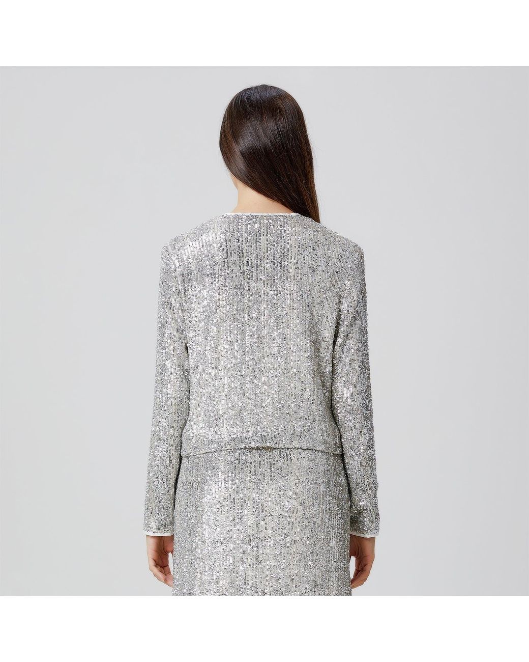 Smart and Joy Gray Rhinestone Jacket With A Round Neckline