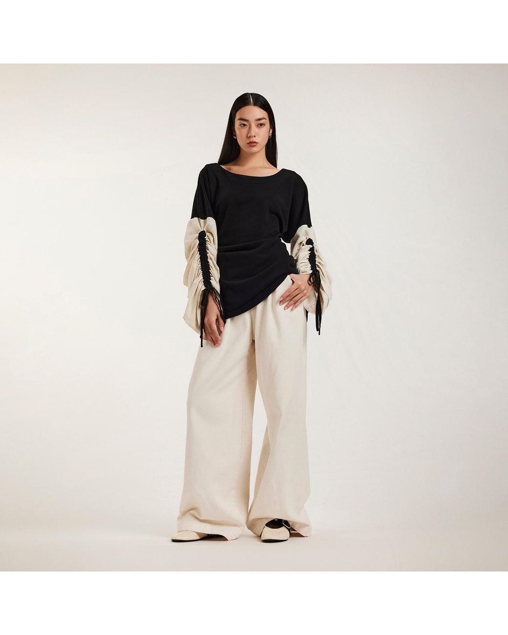 ALINA CERNĂTESCU Black Neutrals Salem Cotton Statement Sleeves Adjustable Sweater Office Daywear Blouse