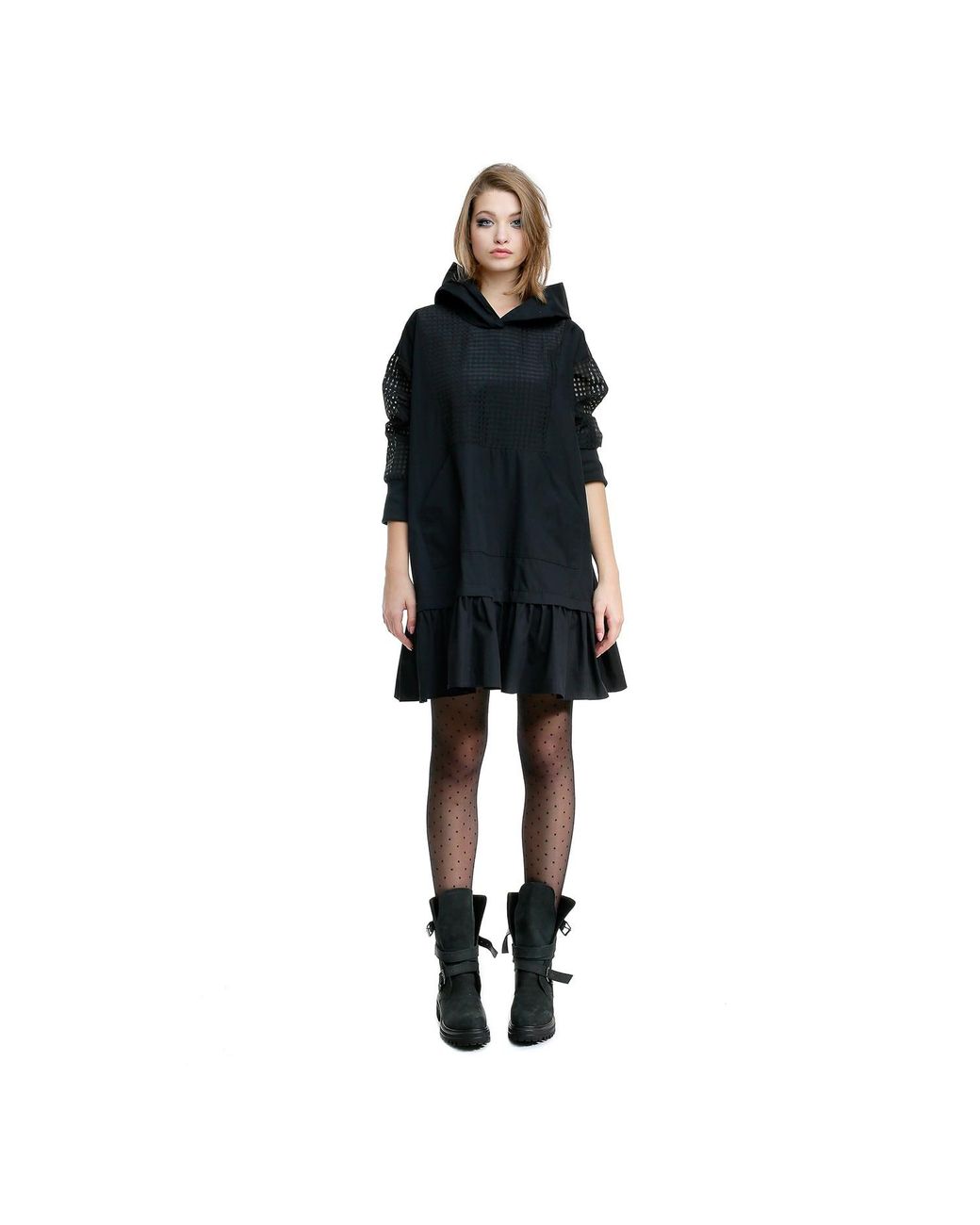 Larisa Dragna Black Hoodie-Style Dress With A Gingham Insert