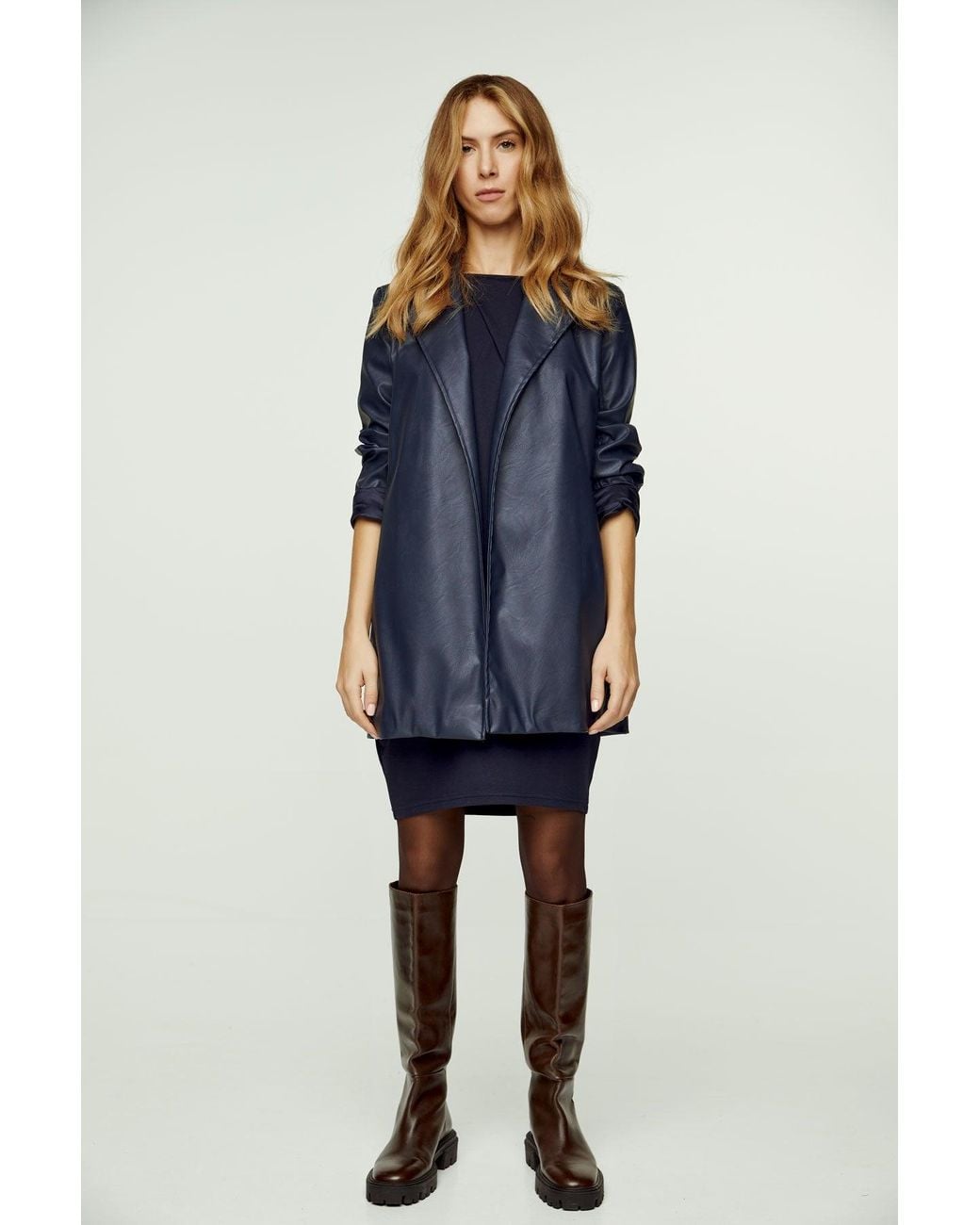 Conquista Blue Faux Leather Jacket With Belt