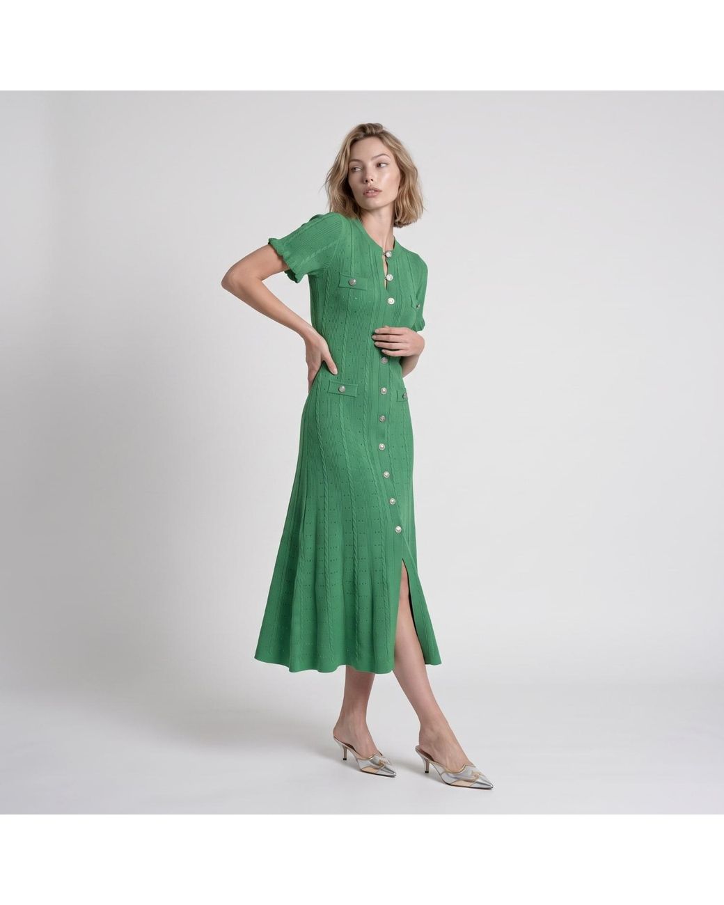 Modenaire Green Textured Knit Midi Dress Refined Button Front