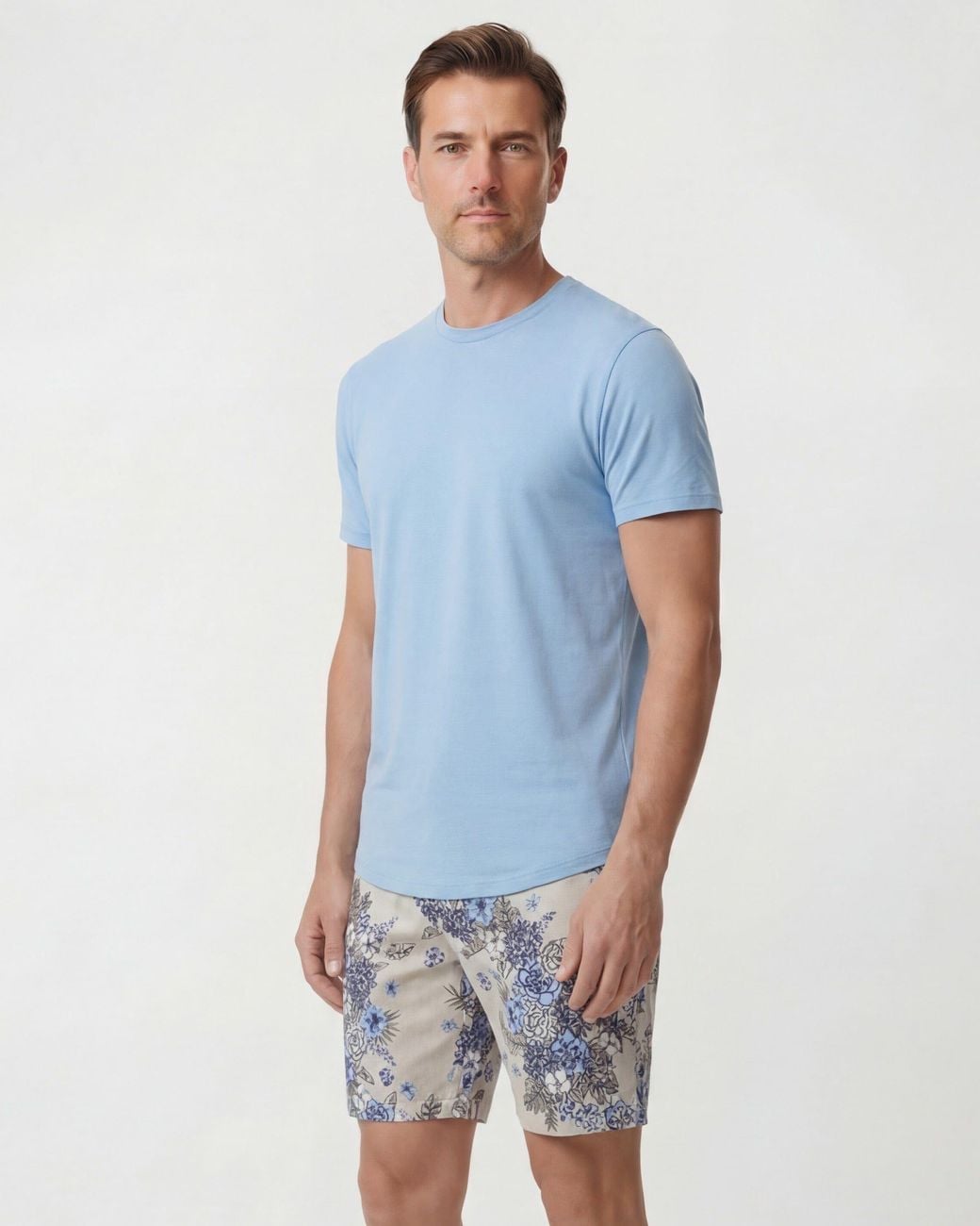 Lords of Harlech Blue Neutrals Clyde Clumped Floral Natural Flat Front Short for men