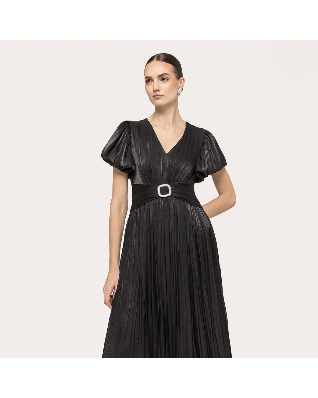 Nissa Black Crystal-Detail Chiffon Midi Dress