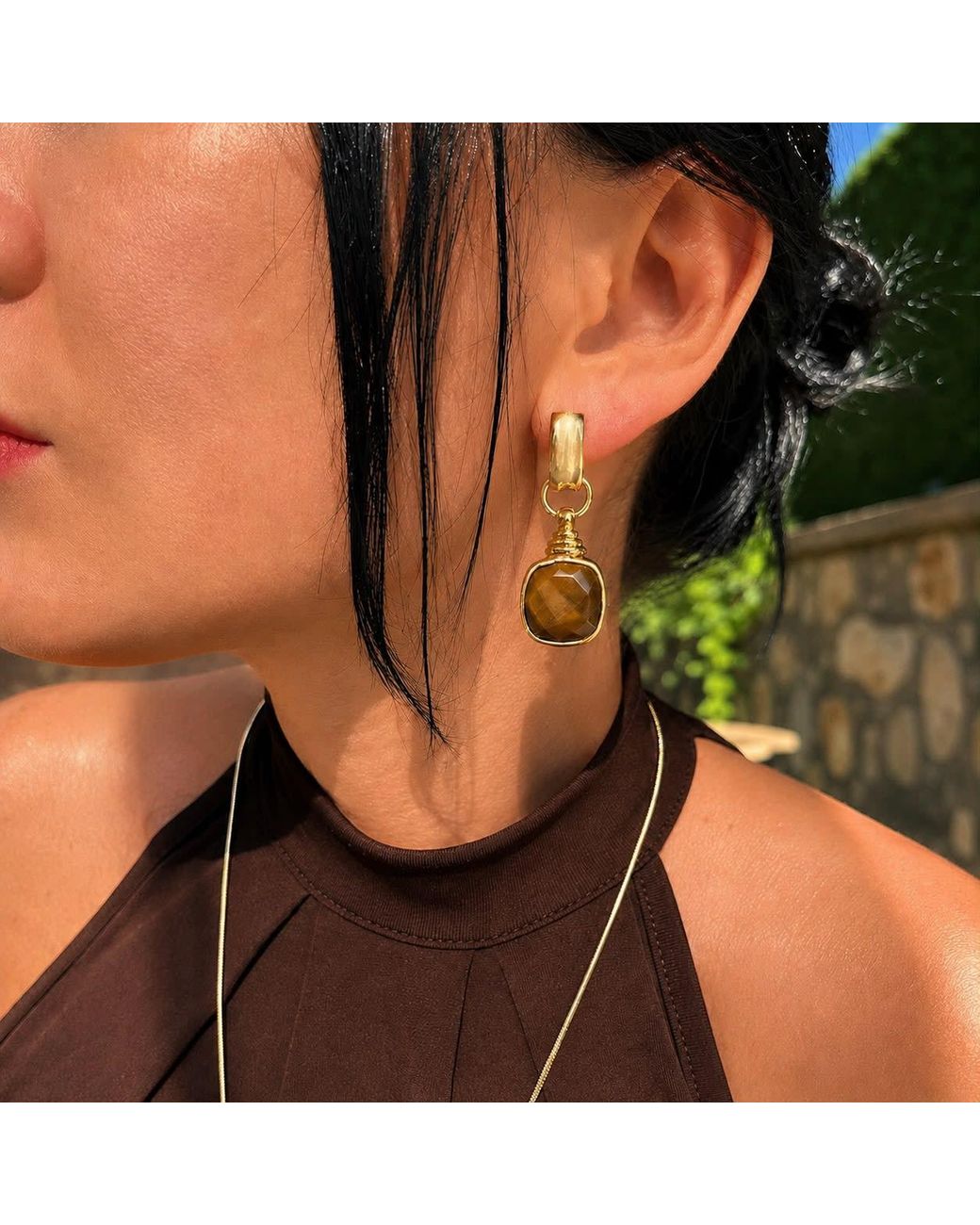 By Ozge Metallic Golden Focus Natural Tiger's Eye Plated Drop Earrings