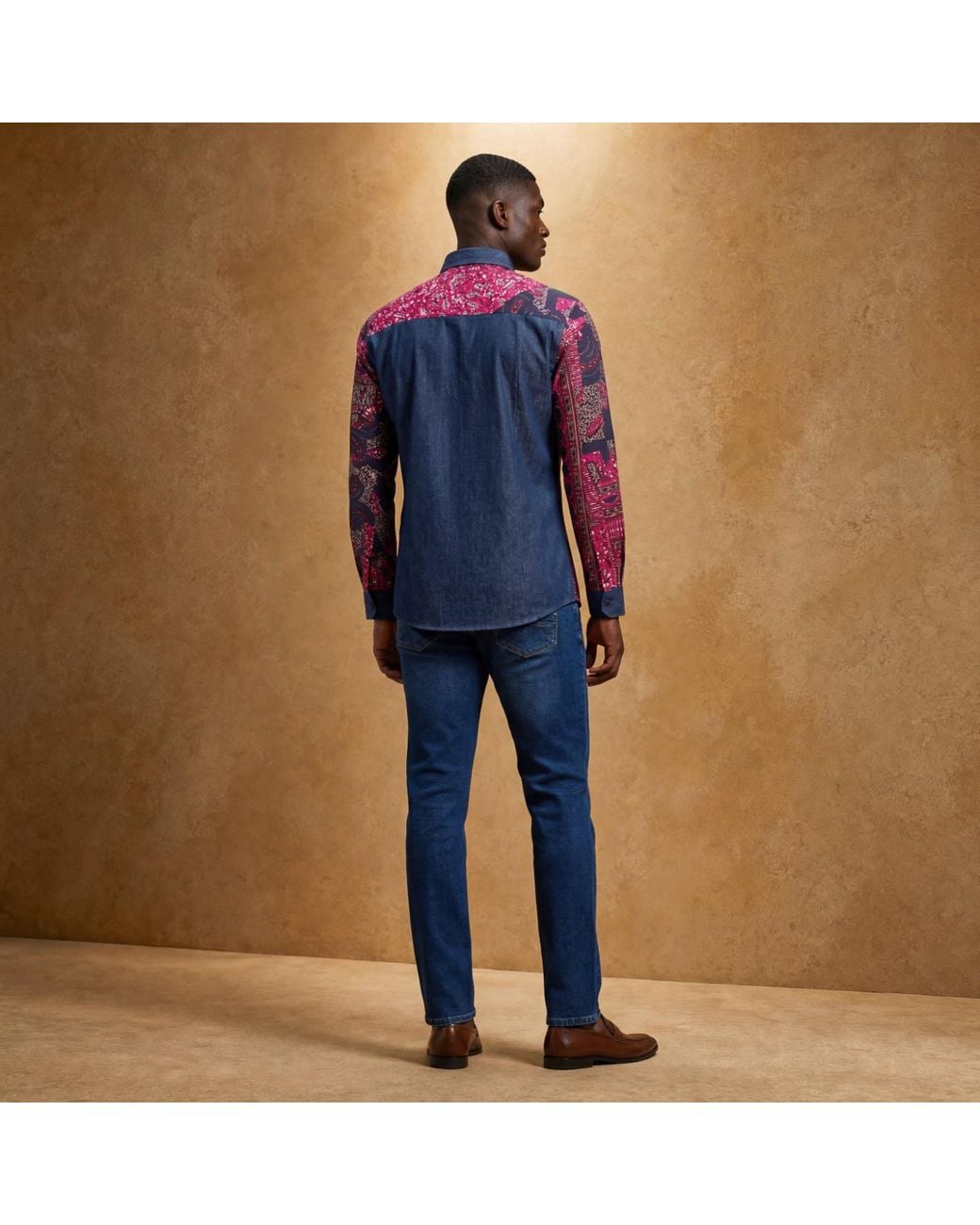 Ohema Ohene Blue Denim & African Print Cotton Shirt – Contrast Panel for men