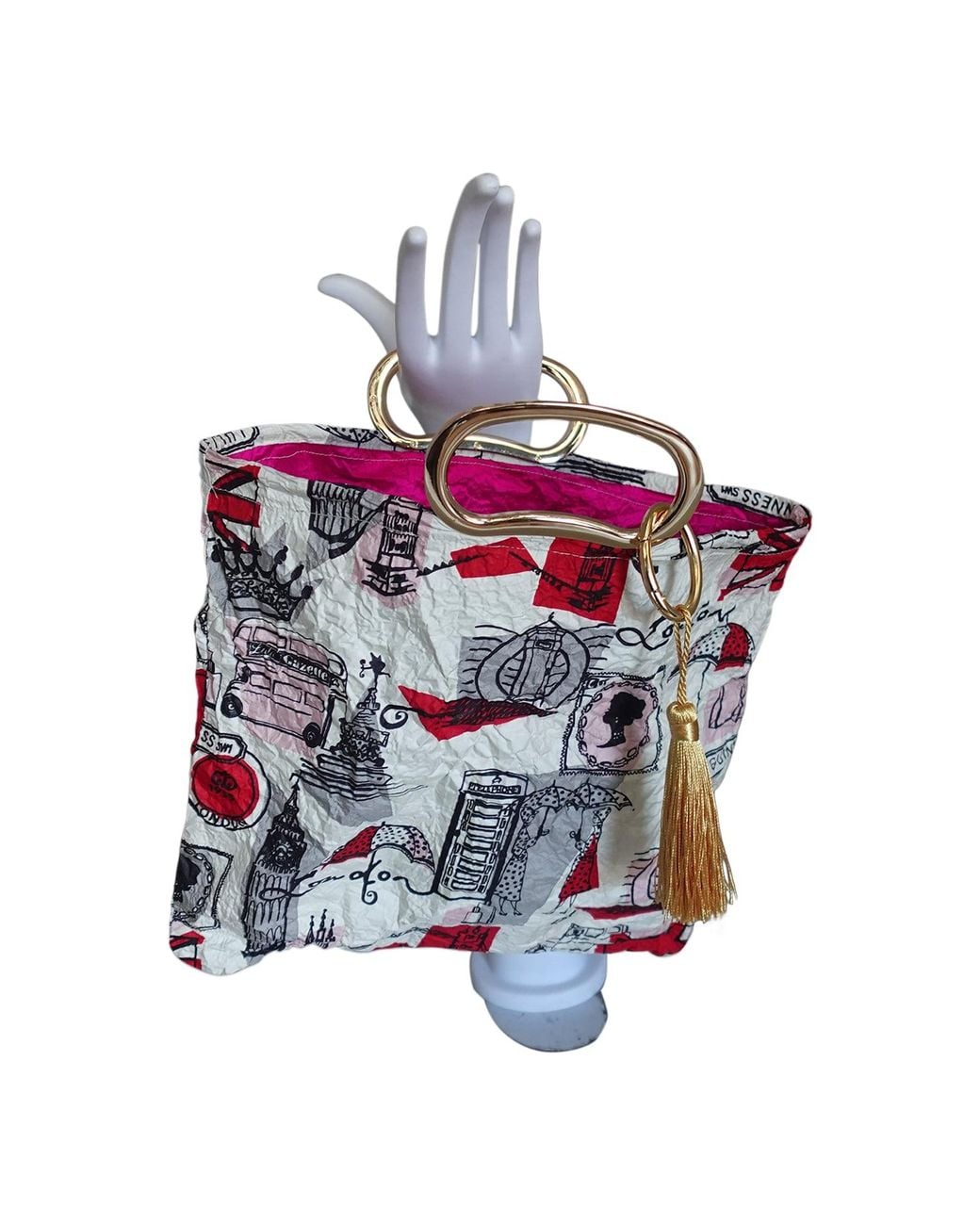Romer Millinery Purple Morphy Moldable Handle Clutch Upcycled Silk Scarf London Print