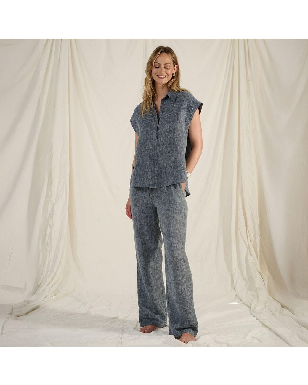 The Summer Edit Gray Pearl Luxe Linen Drawstring Trouser