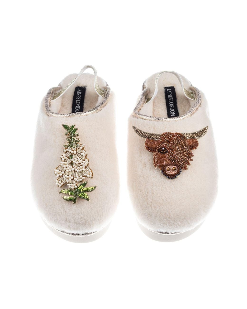Laines London Multicolor Neutrals Flatform Cloud Closed Toe Slippers With Highland Cow & Foxglove Flower Brooches