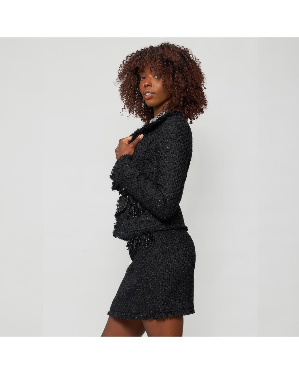 Solgo Atelier Black Tia Crop Shimmering Tweed Bouclé Jacket With Beaded Fringe Details