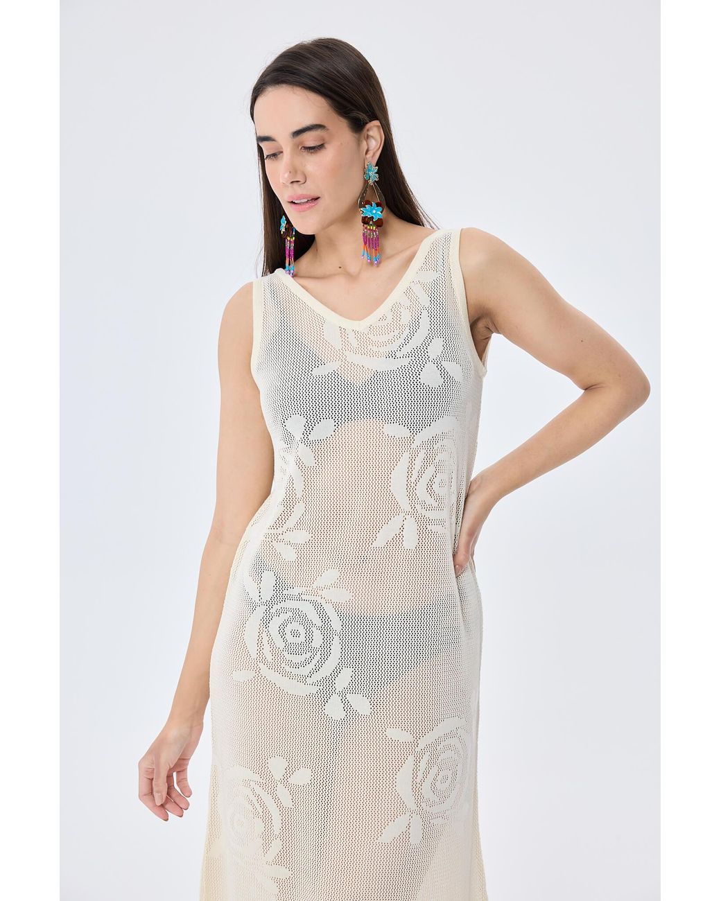 Peraluna White Neutrals Honeymoon Openwork Knit Beach Dress