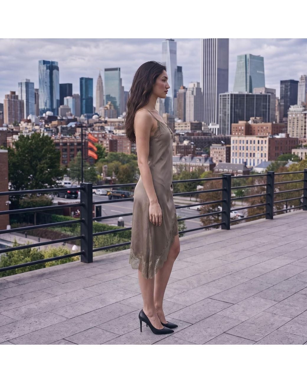 Modenaire Brown Asymmetric Satin Slip Dress With Lace Trim And Fluid Draping