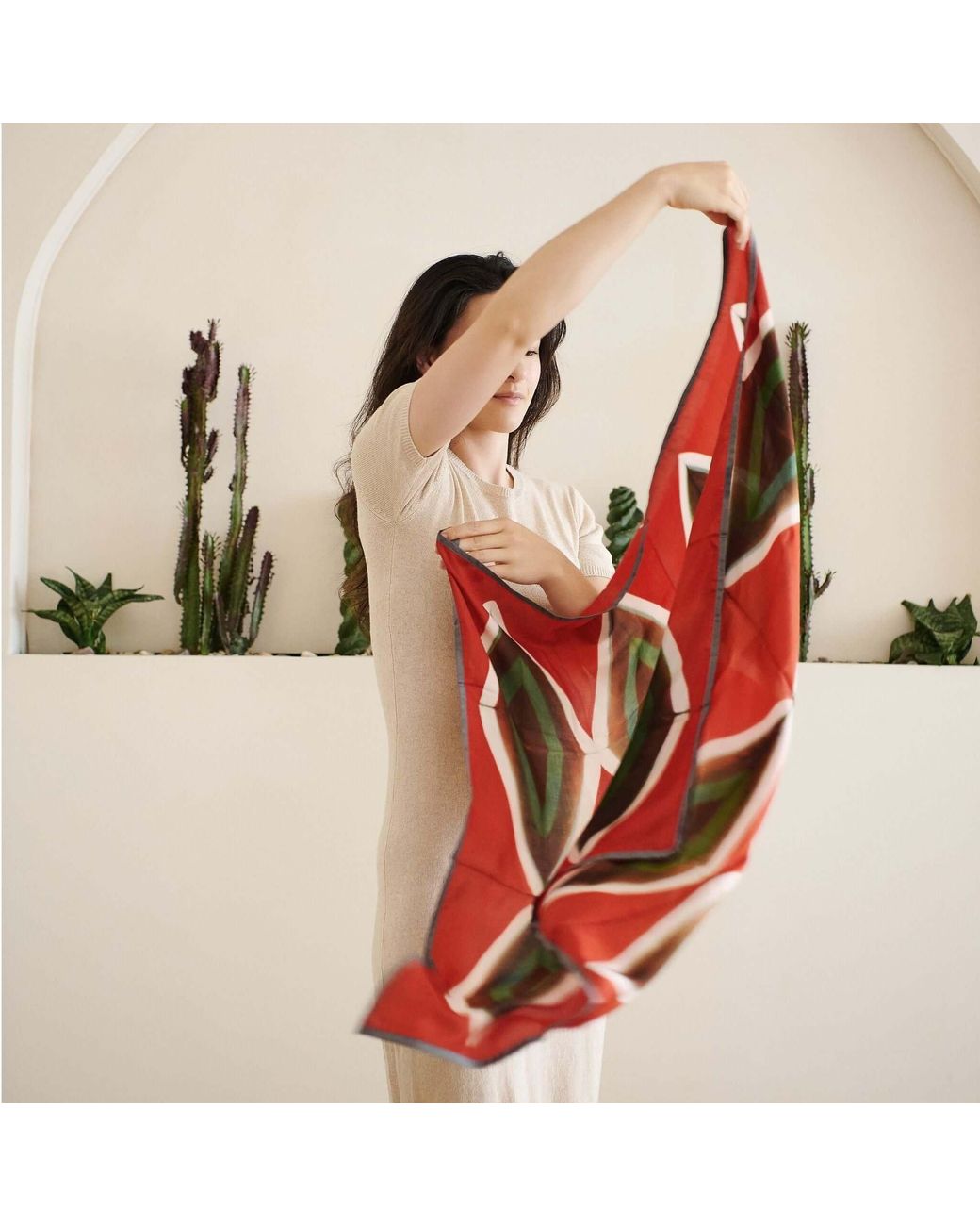 Variously Red Fawn Geometrical Print Shibori Square Silk Scarf