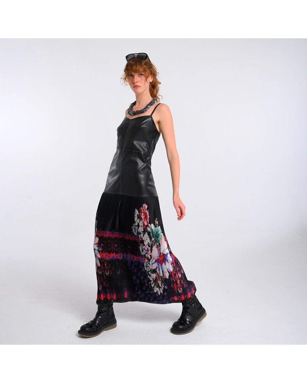 Lalipop Design Black Vegan Leather Maxi Dress With Pleated Skirt