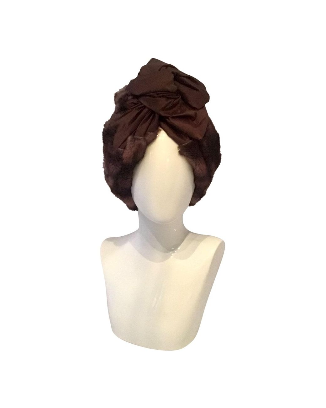 Romer Millinery Brown Twisturban Turban Faux Fur & Chocolate Silk Shantung